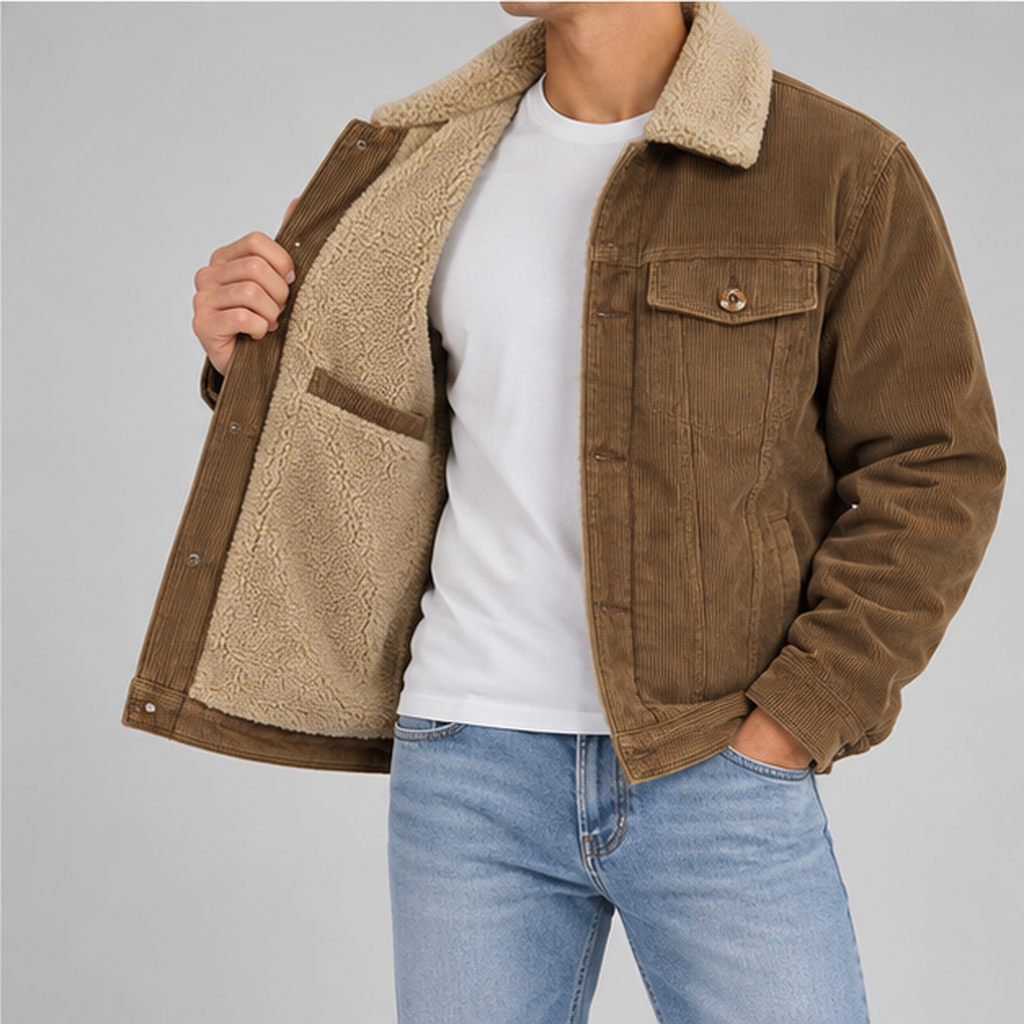 Men’s Corduroy Jacket – Borg Lined Trucker Jacket with Button Fastening