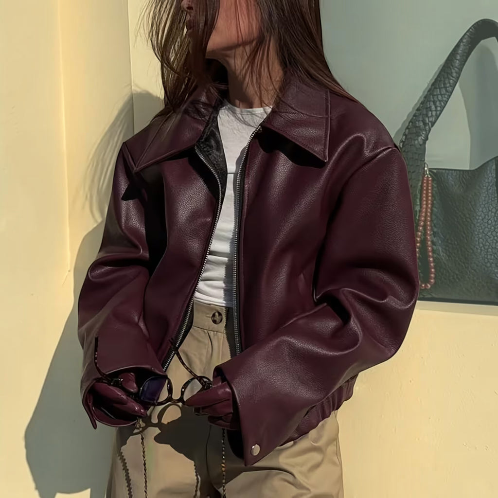 Ellmont London | Leather Jacket Women's Casual Moto Jacket with Lapel Collar