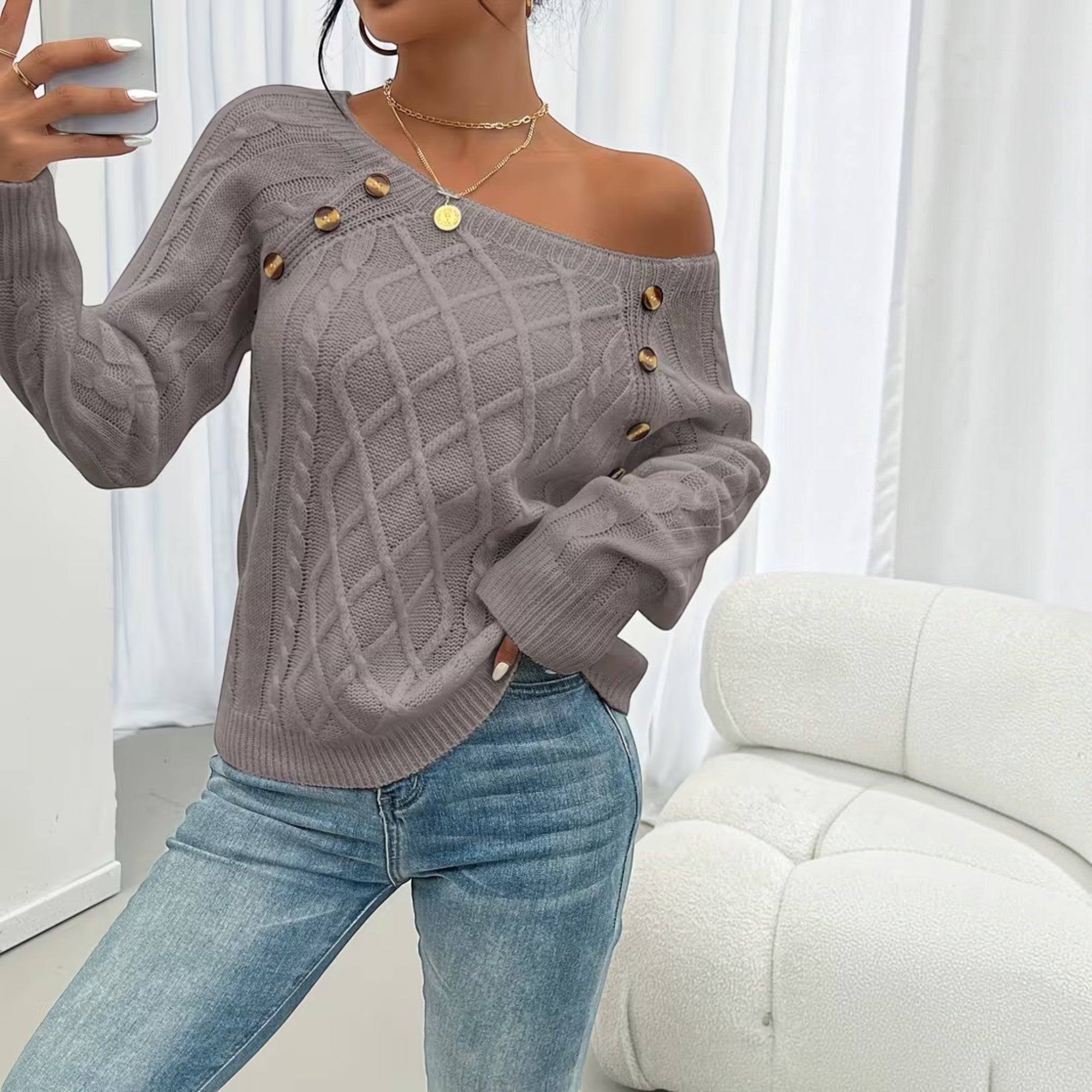 Ellmont London | Women's Soft Knit Sweater Pullover with Button Detail