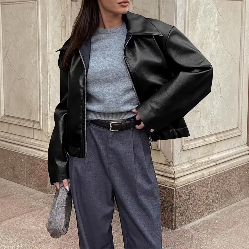 Ellmont London | Leather Jacket Women's Casual Moto Jacket with Lapel Collar