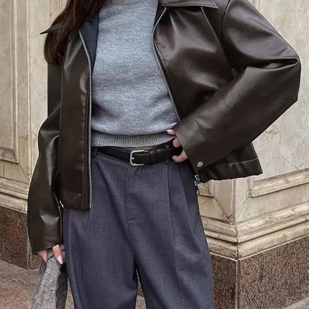 Ellmont London | Leather Jacket Women's Casual Moto Jacket with Lapel Collar