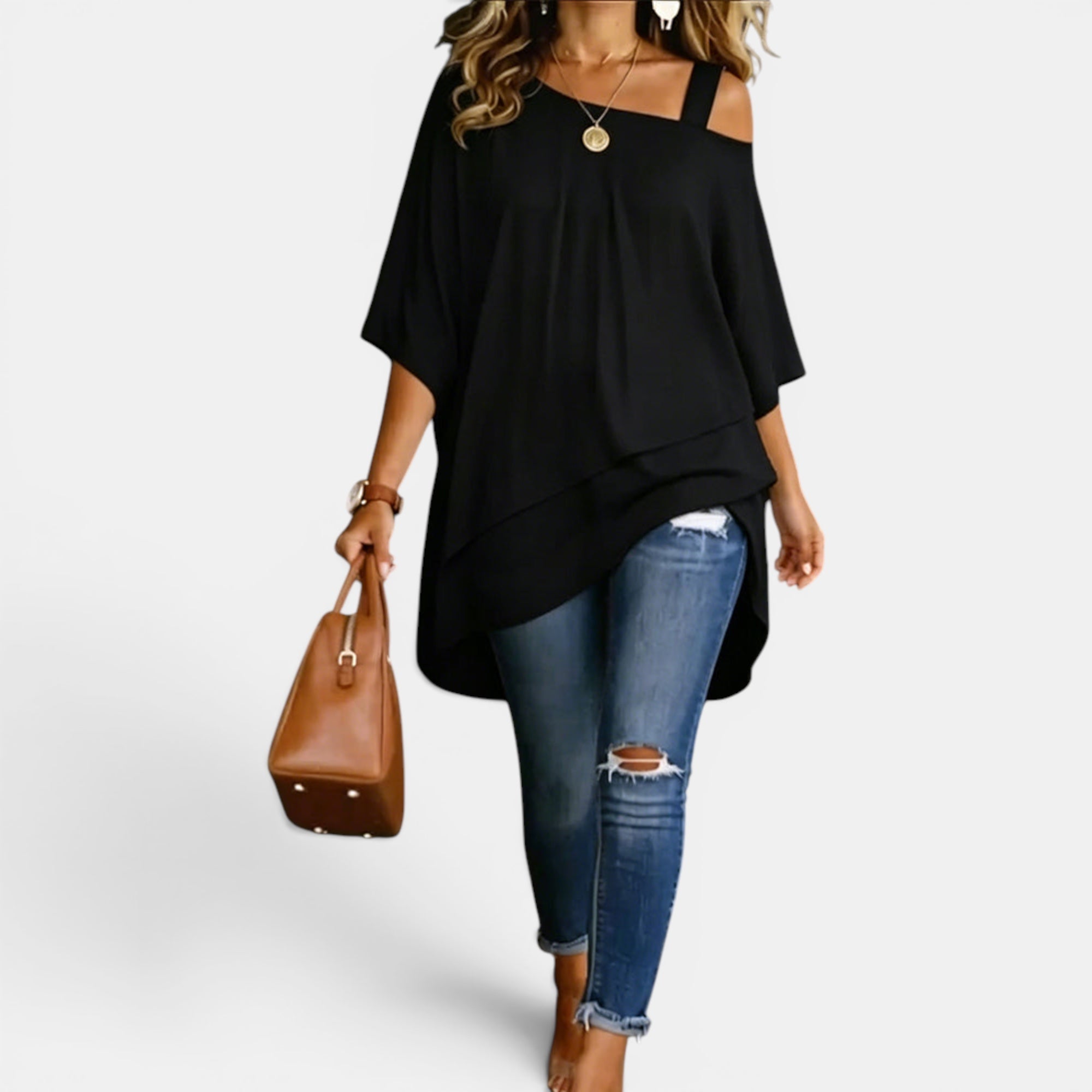 Ellmont London | Women's Cold Shoulder Asymmetric Tunic Top