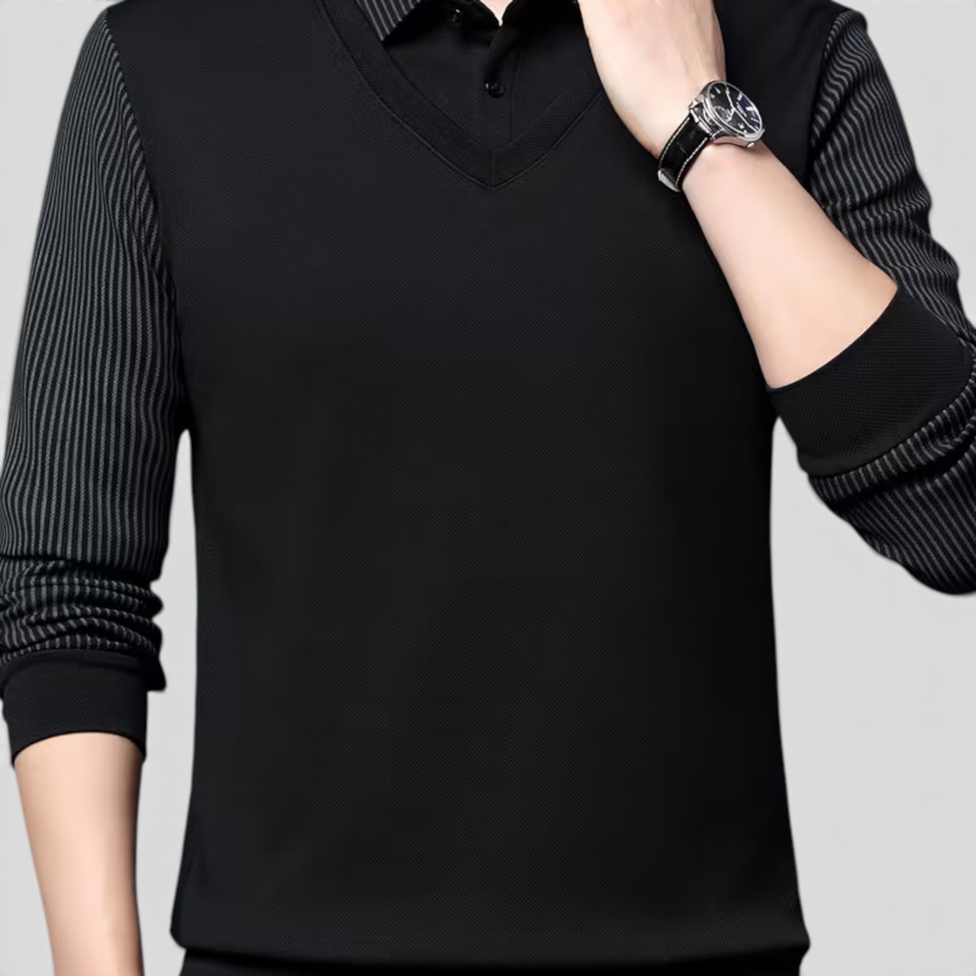 Ellmont London | Men's V-Neck Sweater Faux Two-Piece Polo Shirt for Everyday Wear