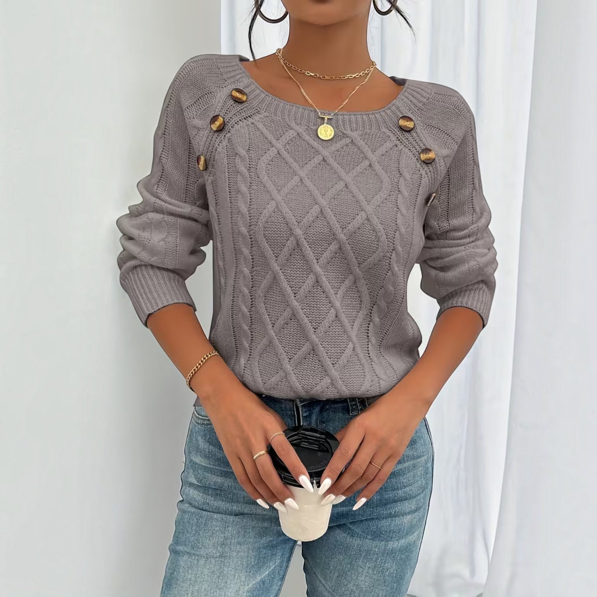 Ellmont London | Women's Soft Knit Sweater Pullover with Button Detail
