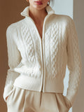Erin | White Cable Knit Zip-Up Cardigan with Stand Collar