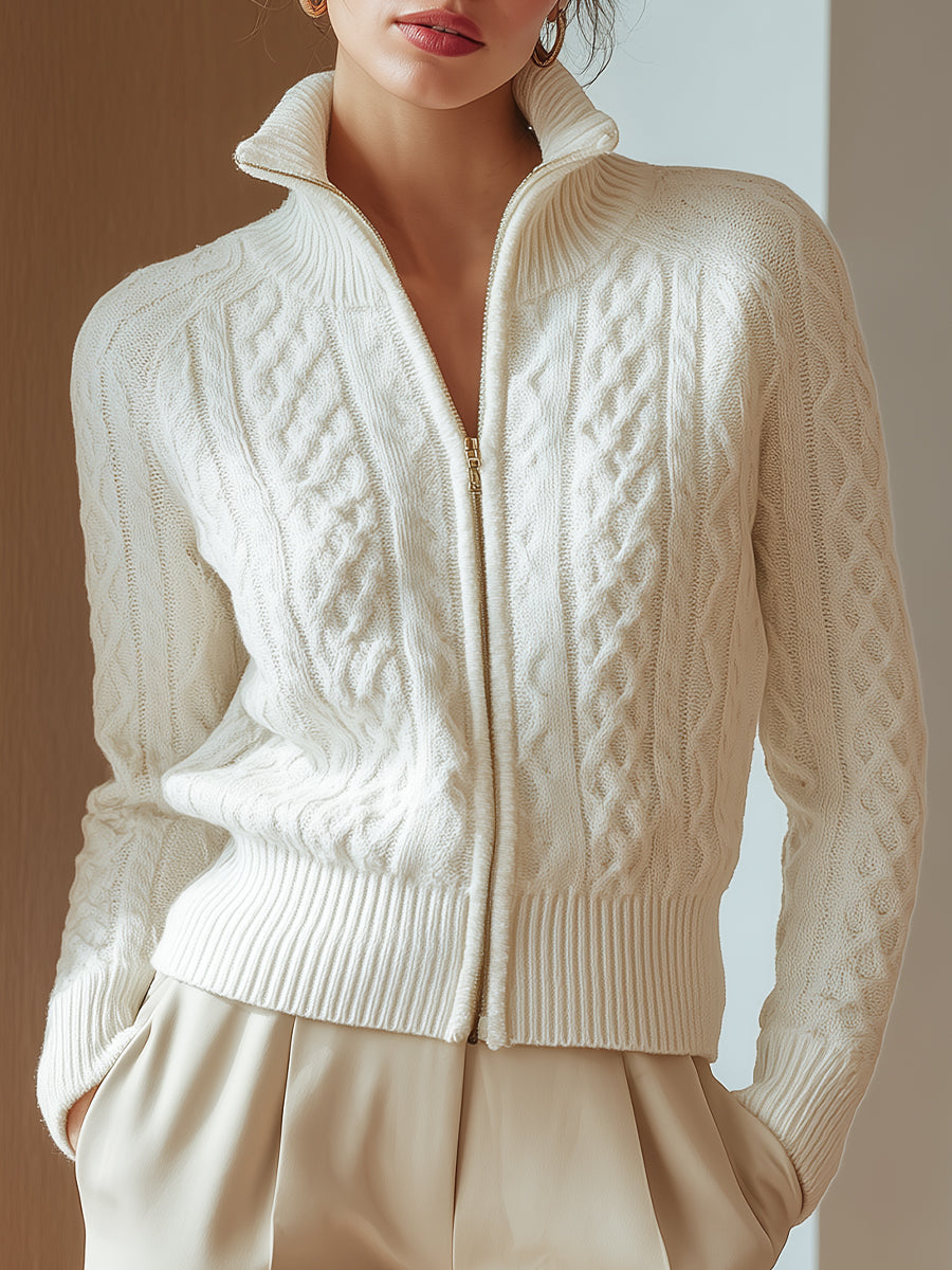Erin | White Cable Knit Zip-Up Cardigan with Stand Collar