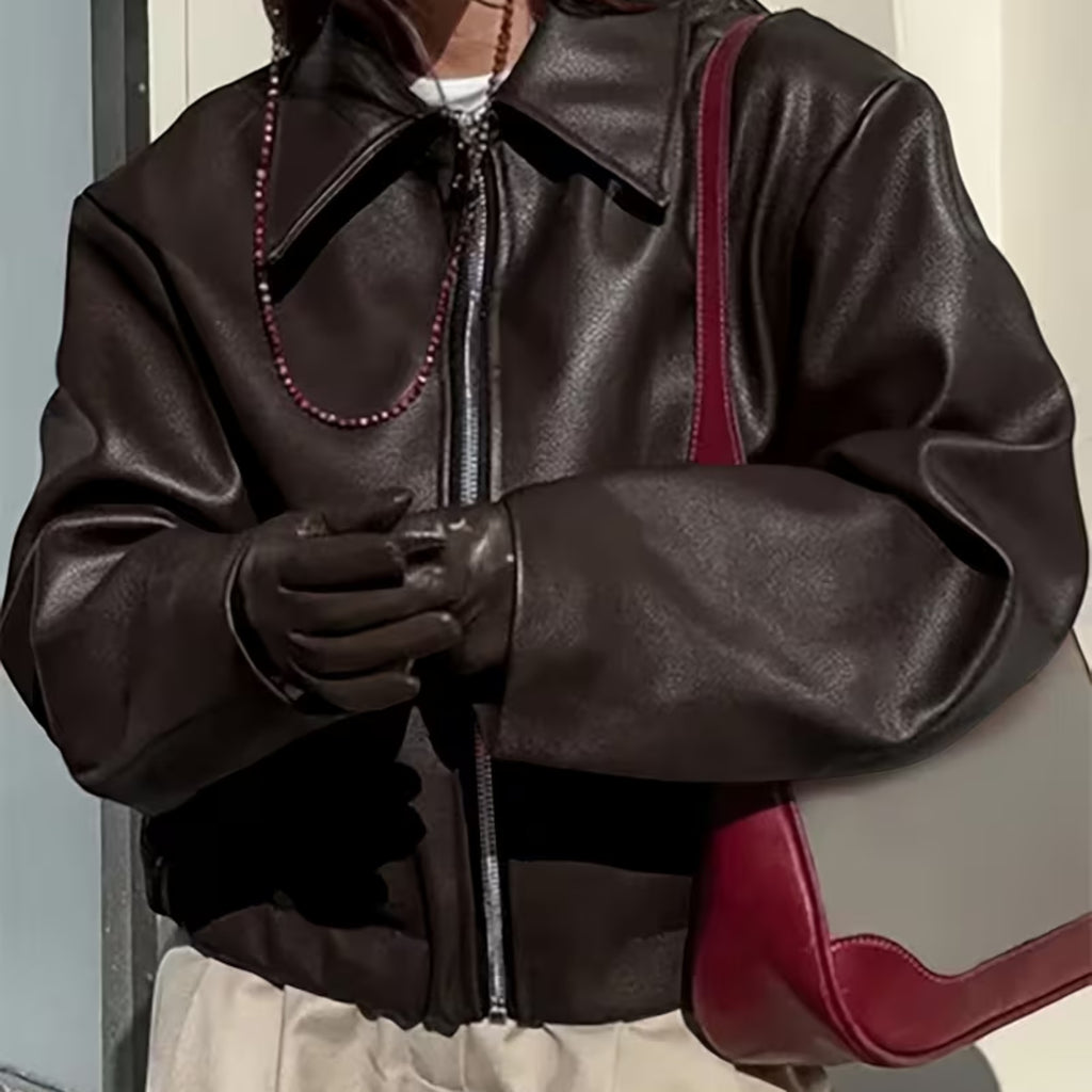 Ellmont London | Leather Jacket Women's Casual Moto Jacket with Lapel Collar