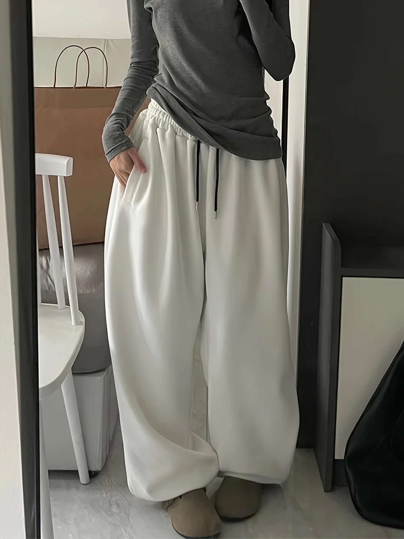 Y2K Casual Gray Black Rope Lace-Up High-Waist Elastic Waistband Pants Women'S Clothing