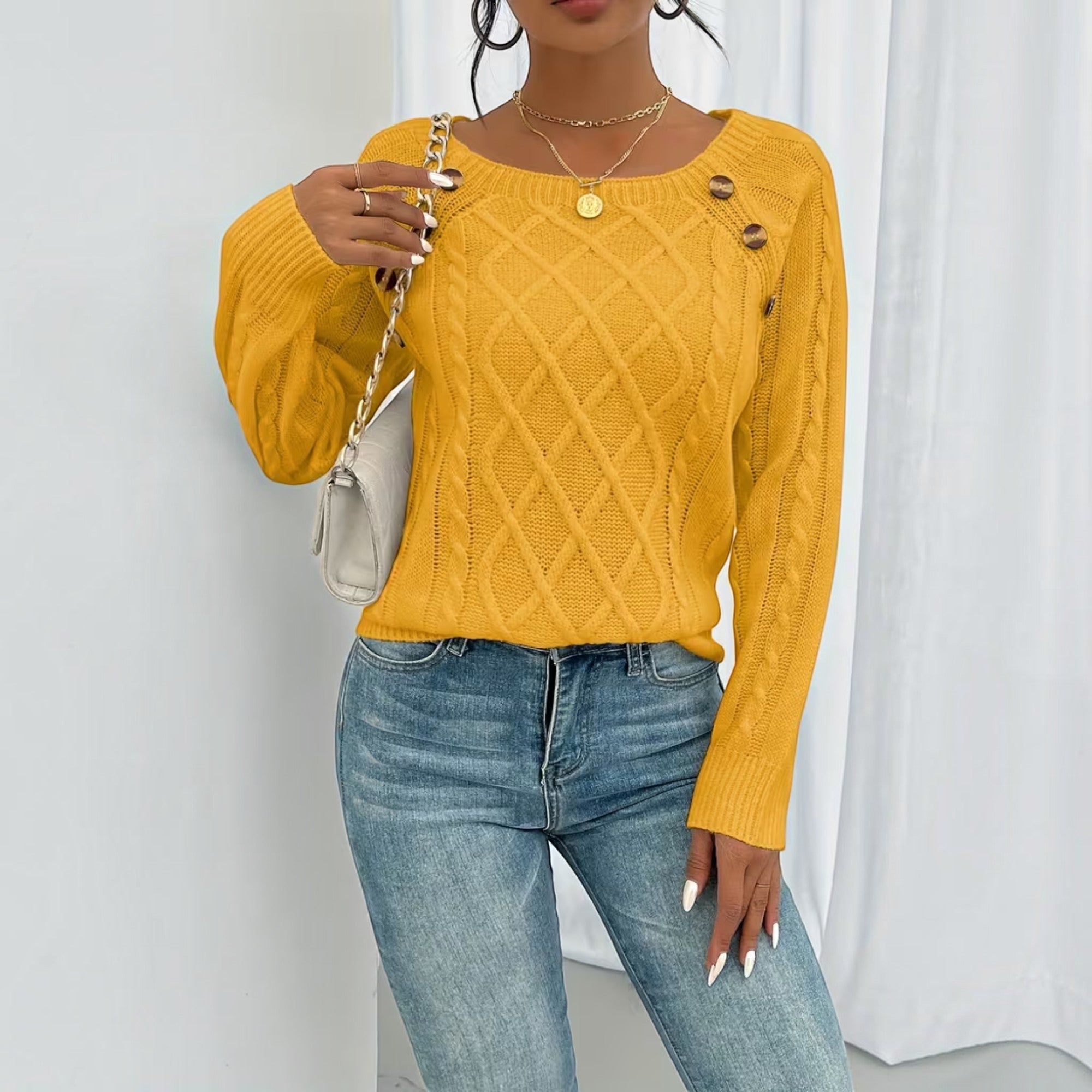 Ellmont London | Women's Soft Knit Sweater Pullover with Button Detail