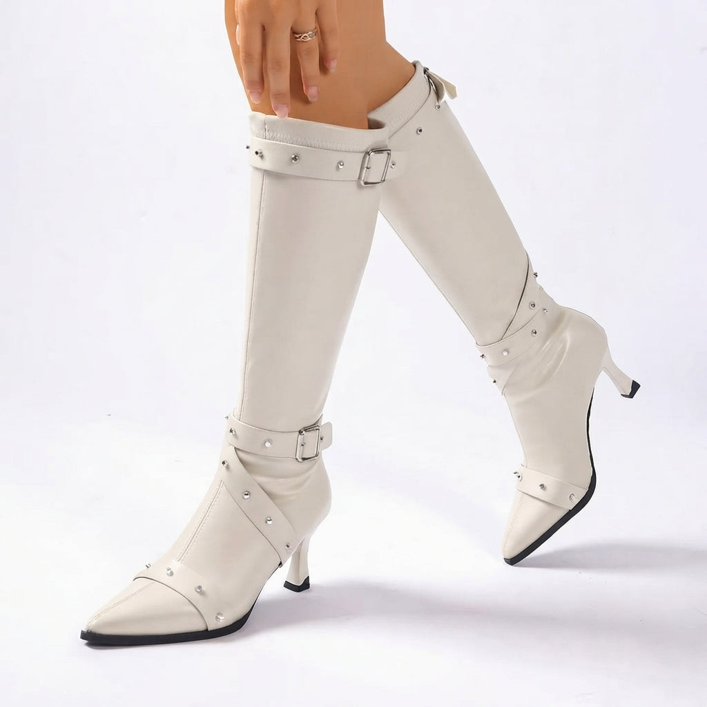 Women's Black Leather Knee High Block Heel Boots