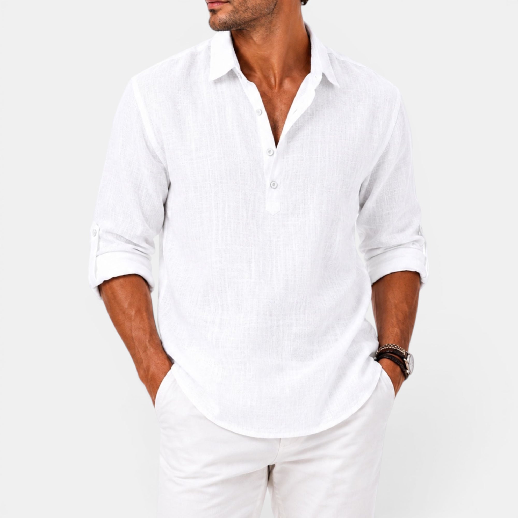 Ellmont London | Men's Relaxed Fit Casual Linen Summer Shirt with Popover Neckline