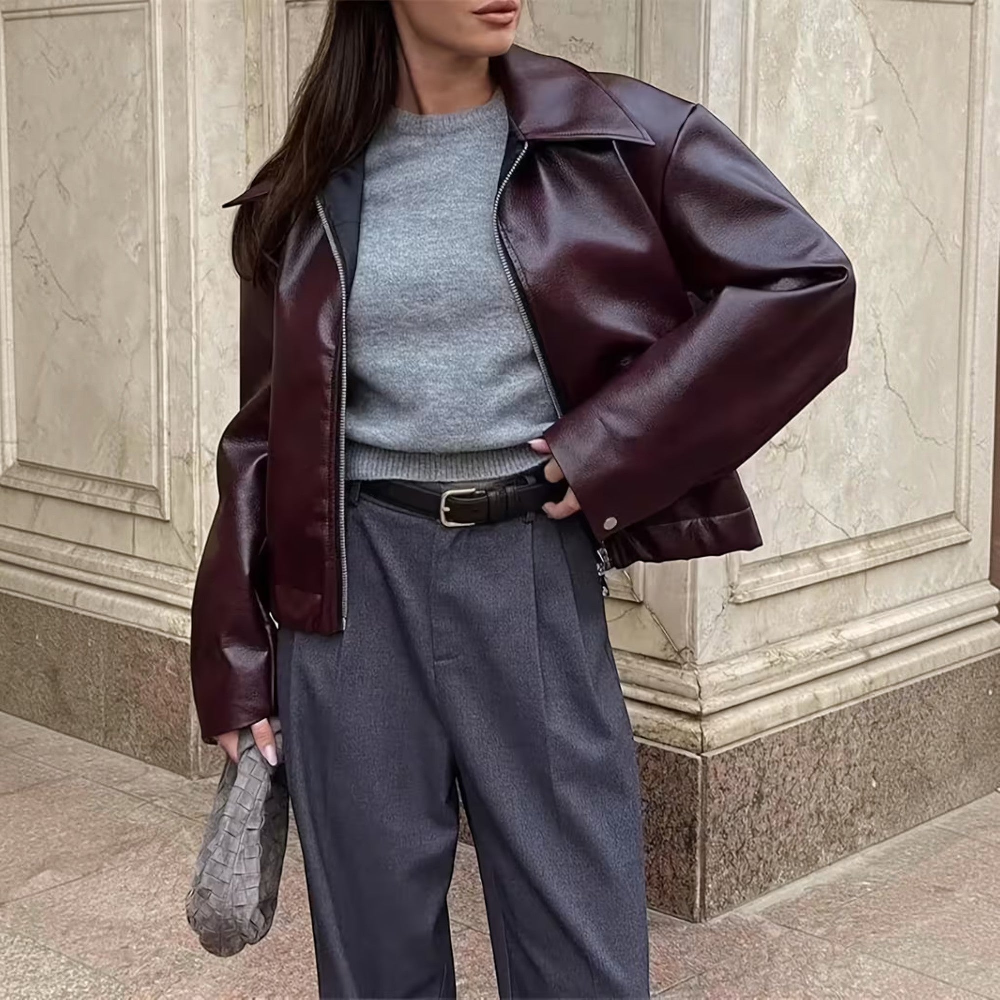 Ellmont London | Leather Jacket Women's Casual Moto Jacket with Lapel Collar