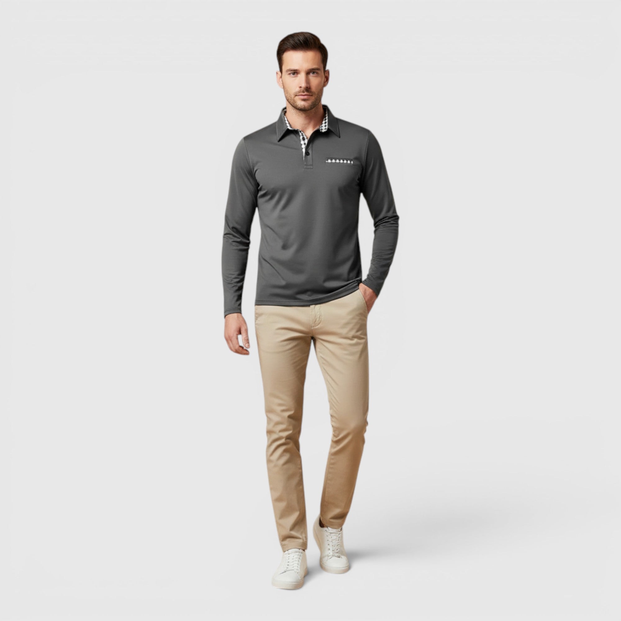 Ellmont London | Men's Polo Longsleeve V-Neck Sweater Quick-Dry Plaid Shirt