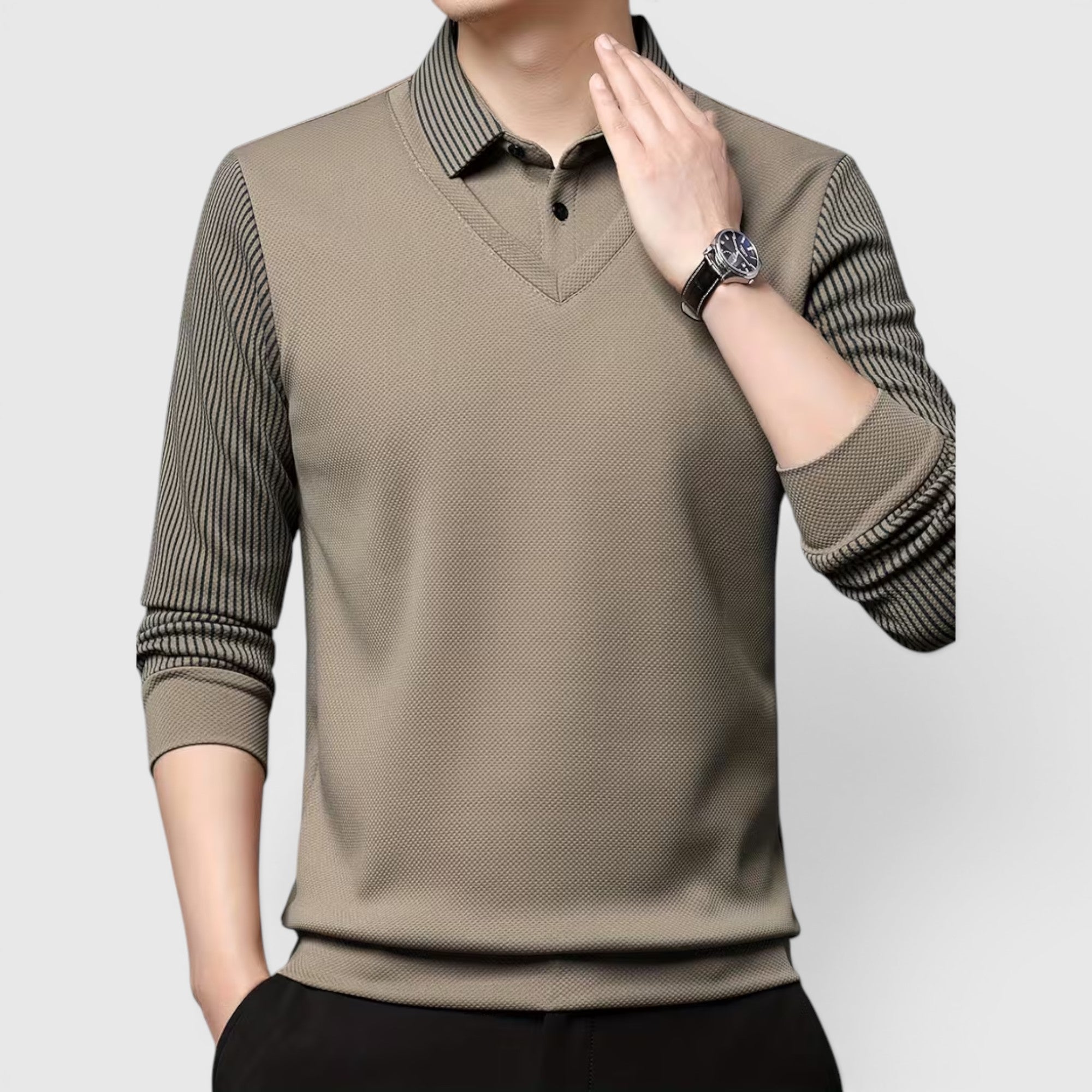 Ellmont London | Men's V-Neck Sweater Faux Two-Piece Polo Shirt for Everyday Wear
