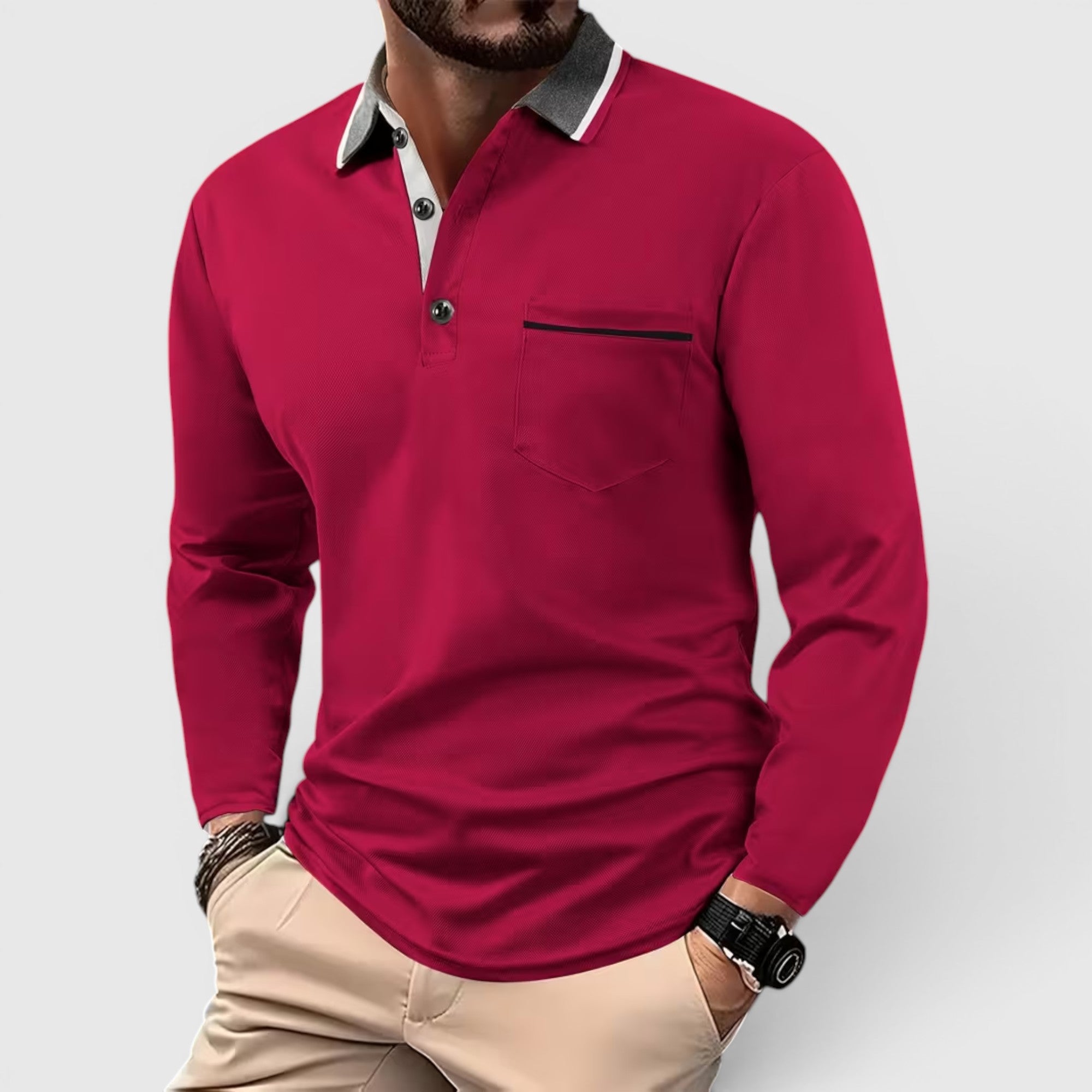 Edmund | Men's Long Sleeve Polo Shirt Contrast Collar Regular Fit Button Up