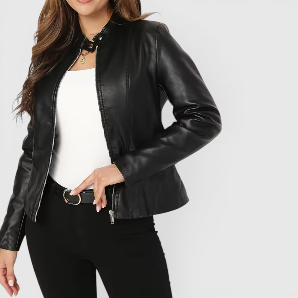 Ellmont London | Leather Jacket Women's Full Zip Stand Collar Casual Outerwear
