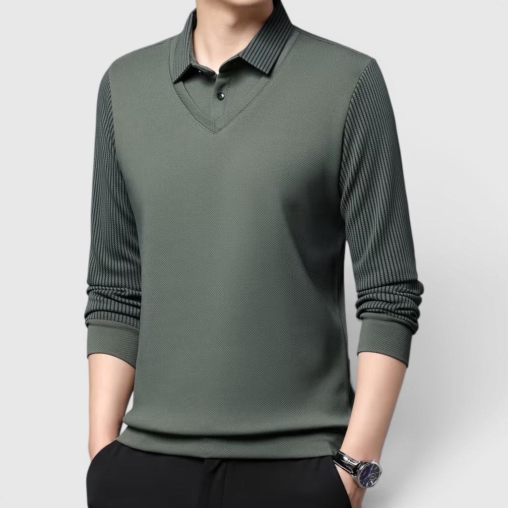 Ellmont London | Men's V-Neck Sweater Faux Two-Piece Polo Shirt for Everyday Wear