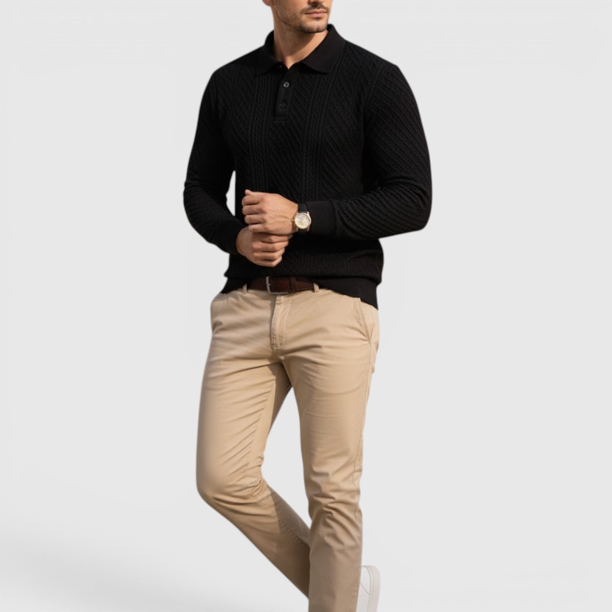 Karl | Men's Long Sleeve Jacquard Polo Shirt Crewneck Sweater Look