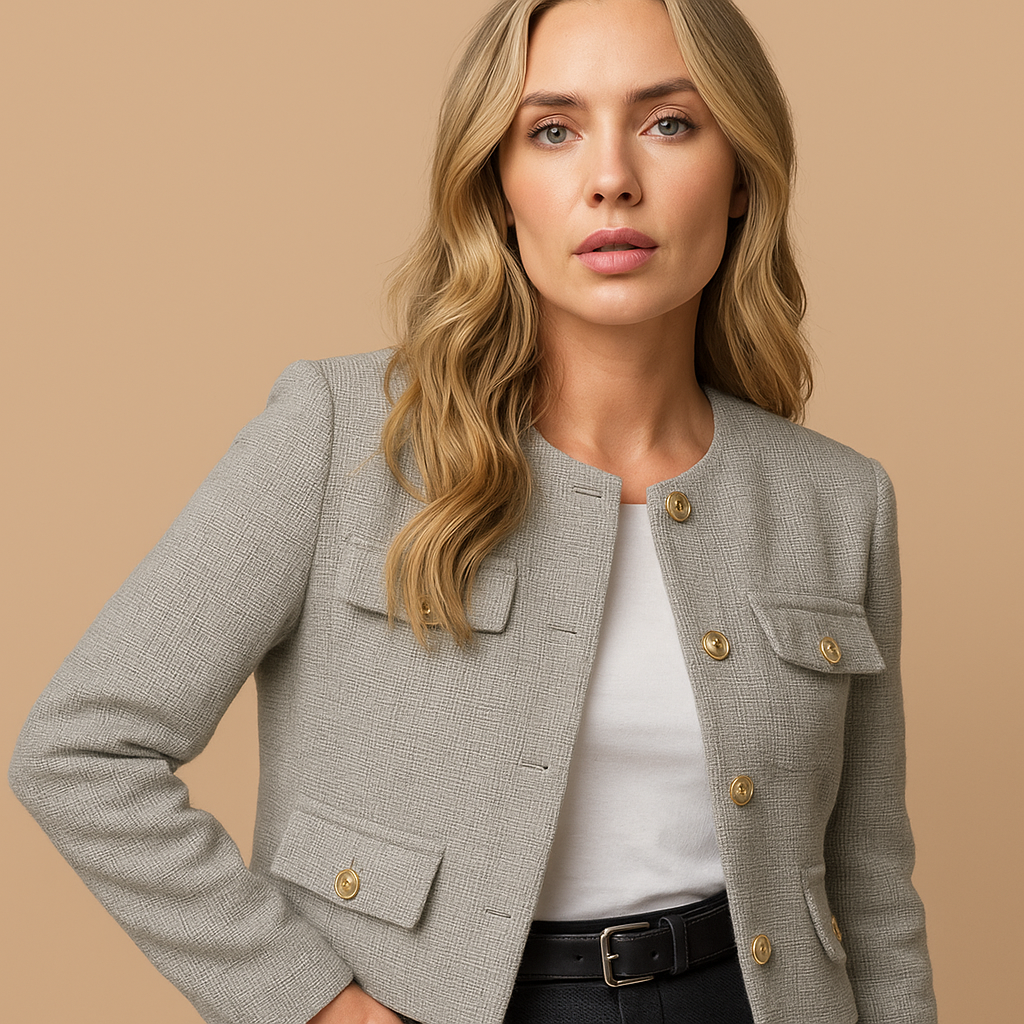 Isla | Cropped Tweed Blazer with Gold Buttons and Flap Pockets - Grey detail