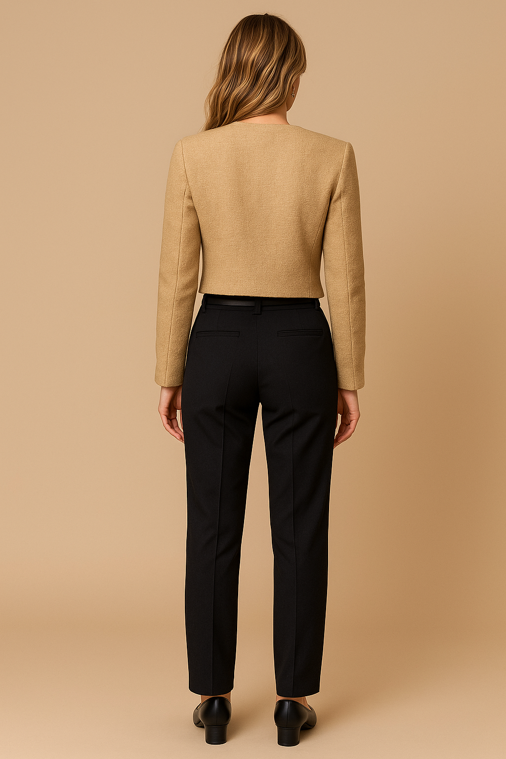 Isla | Cropped Tweed Blazer with Gold Buttons and Flap Pockets - Khaki back