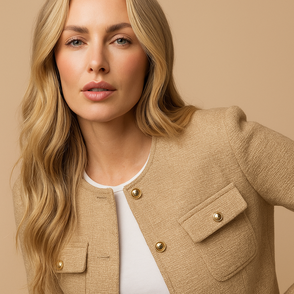 Isla | Cropped Tweed Blazer with Gold Buttons and Flap Pockets - Khaki detail