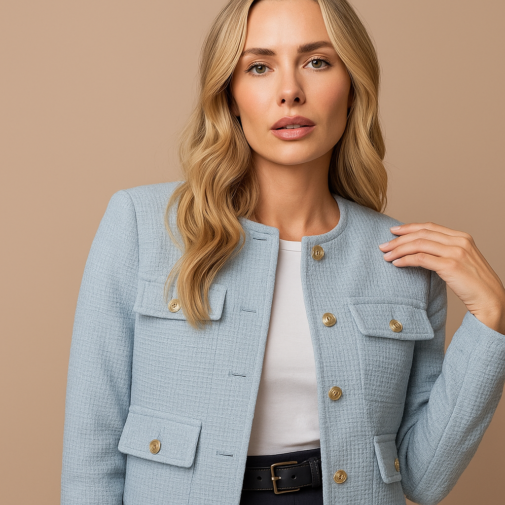 Isla | Cropped Tweed Blazer with Gold Buttons and Flap Pockets - Light Blue detail