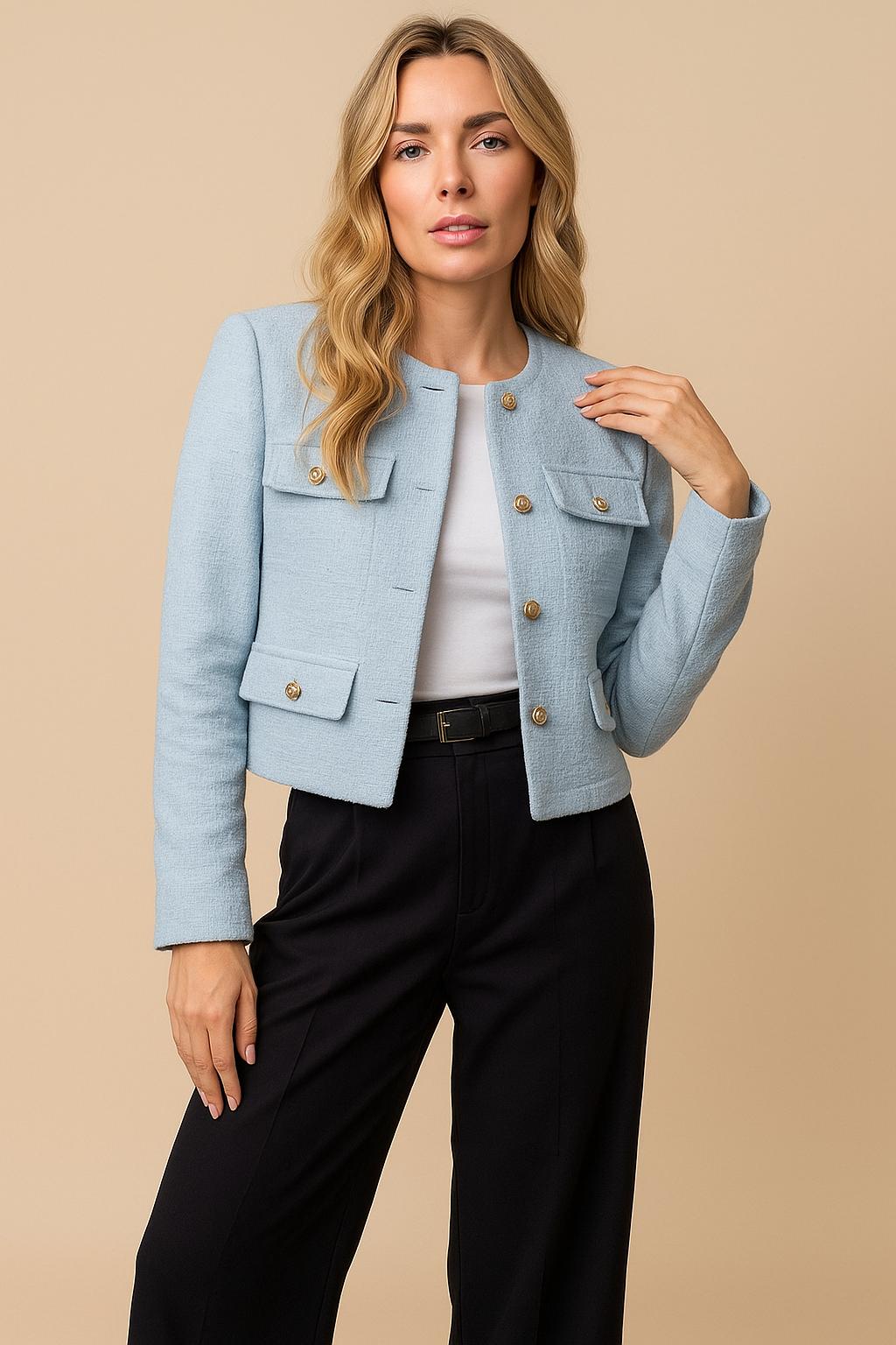 Isla | Cropped Tweed Blazer with Gold Buttons and Flap Pockets - Light Blue