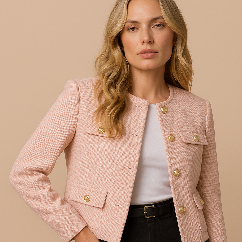 Isla | Cropped Tweed Blazer with Gold Buttons and Flap Pockets - Light Pink detail