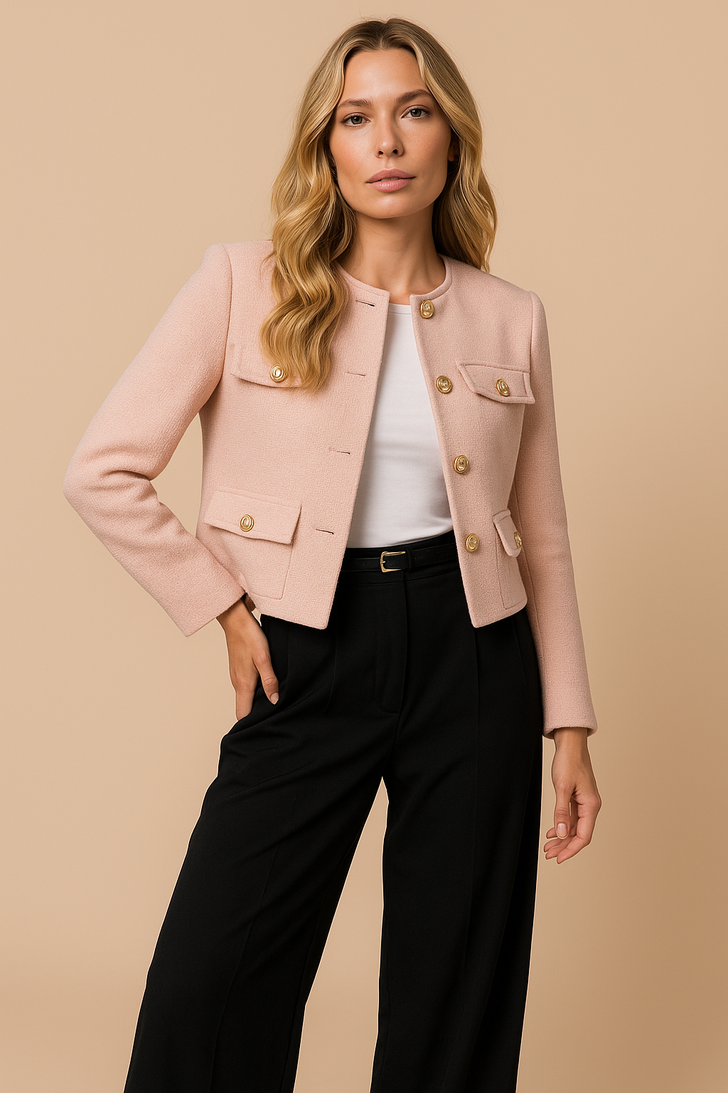Isla | Cropped Tweed Blazer with Gold Buttons and Flap Pockets - Light Pink