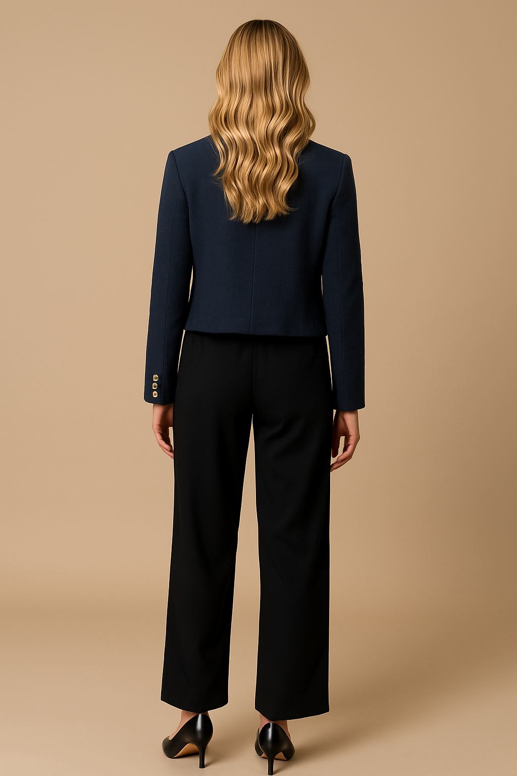 Isla | Cropped Tweed Blazer with Gold Buttons and Flap Pockets - Navy Blue back