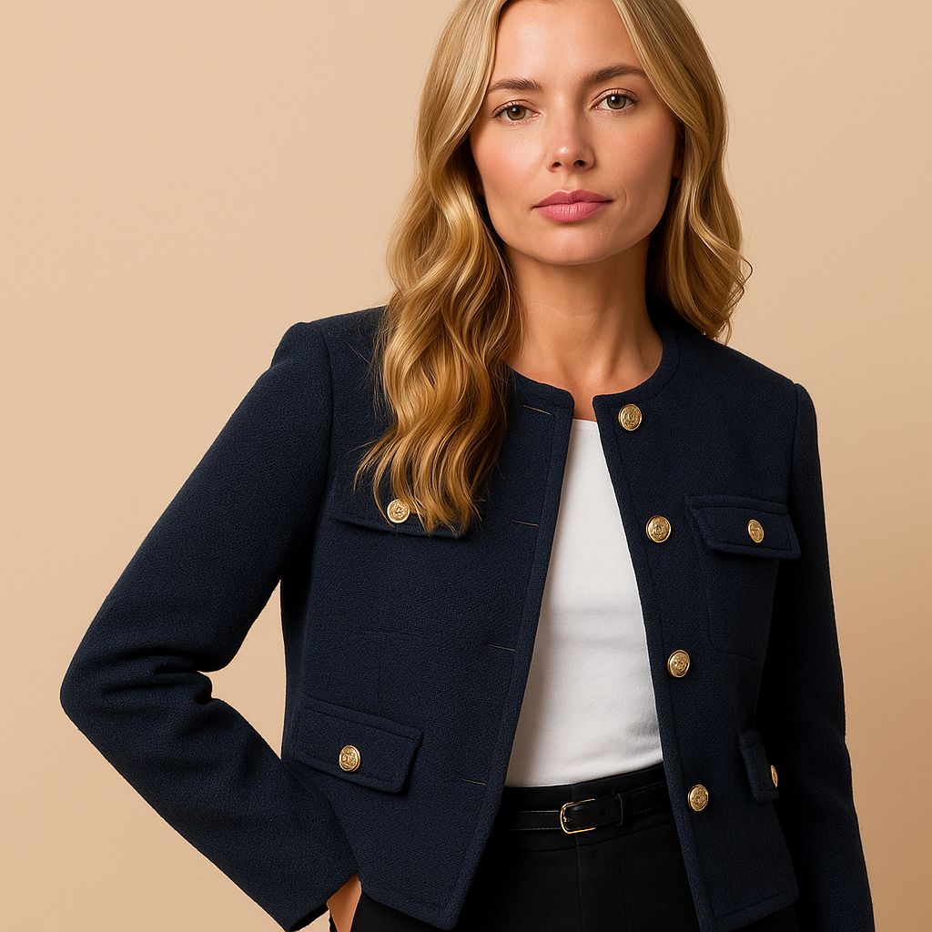 Isla | Cropped Tweed Blazer with Gold Buttons and Flap Pockets - Navy Blue detail