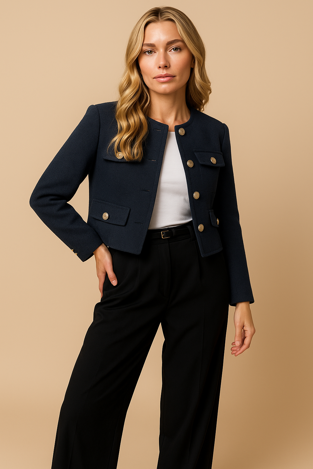 Isla | Cropped Tweed Blazer with Gold Buttons and Flap Pockets - Navy Blue