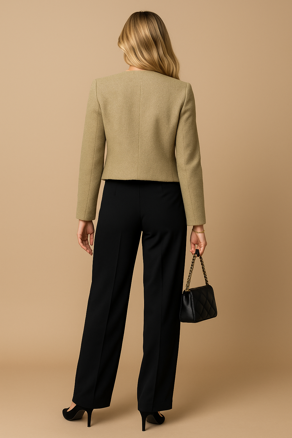 Isla | Cropped Tweed Blazer with Gold Buttons and Flap Pockets - Olive back