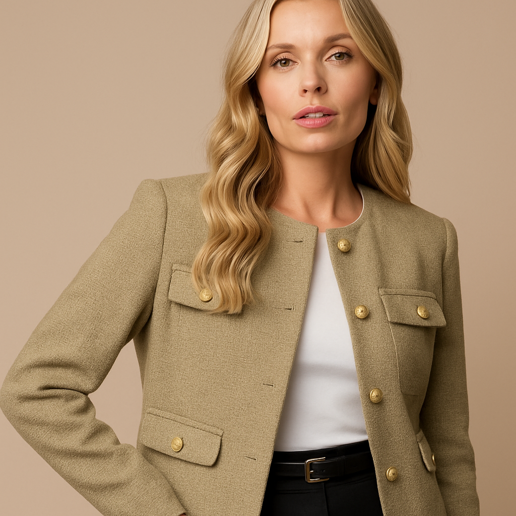 Isla | Cropped Tweed Blazer with Gold Buttons and Flap Pockets - Olive detail