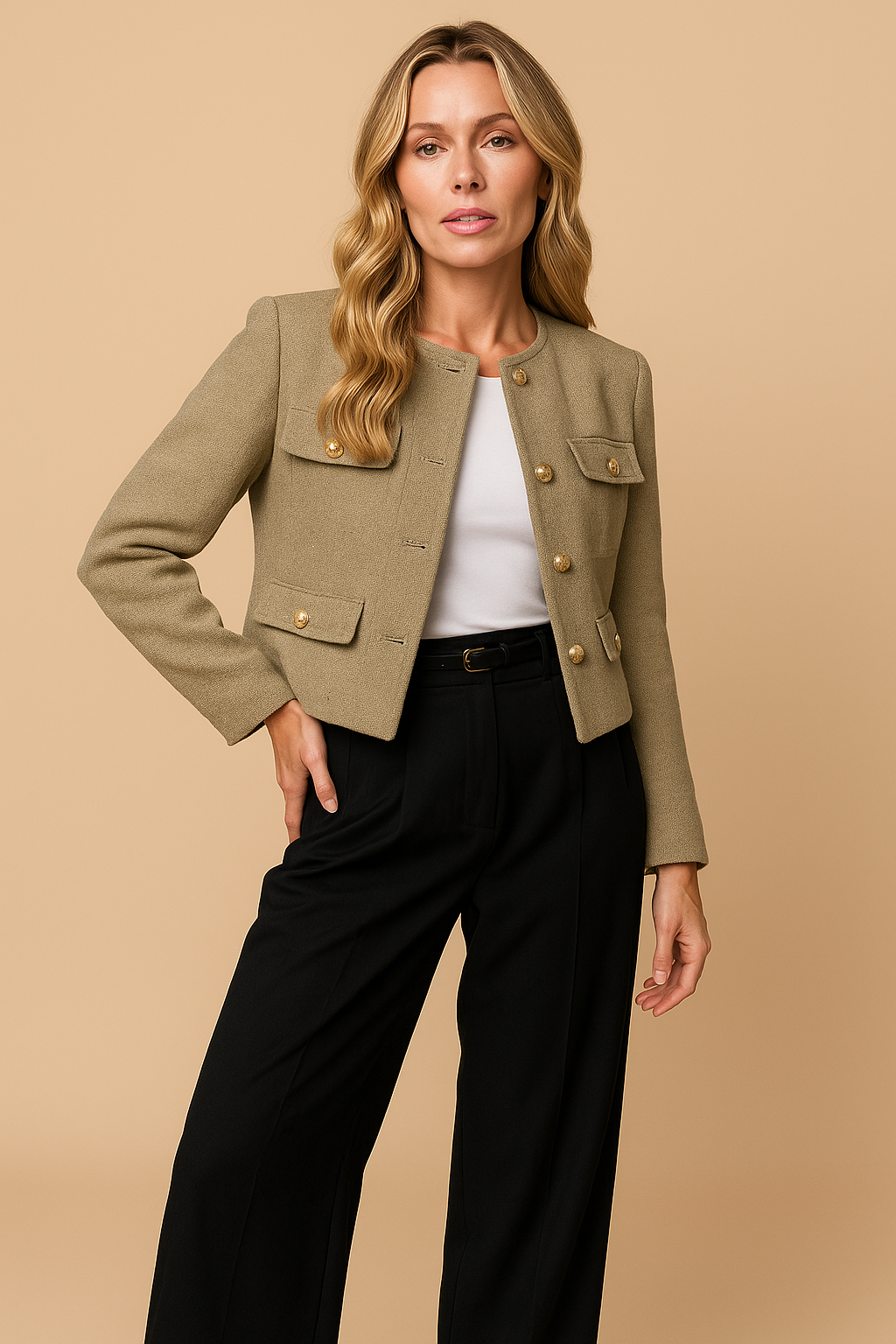 Isla | Cropped Tweed Blazer with Gold Buttons and Flap Pockets - Olive