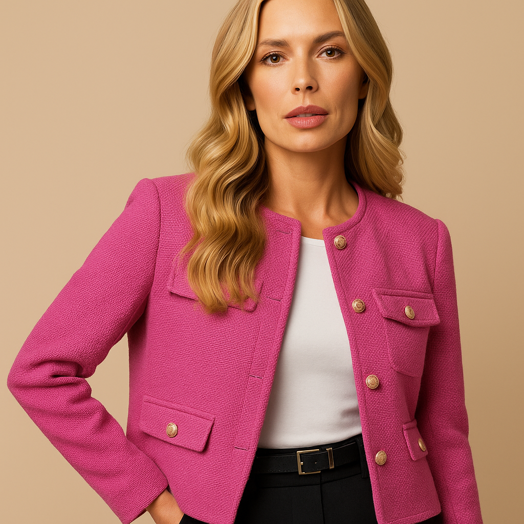 Isla | Cropped Tweed Blazer with Gold Buttons and Flap Pockets - Pink detail
