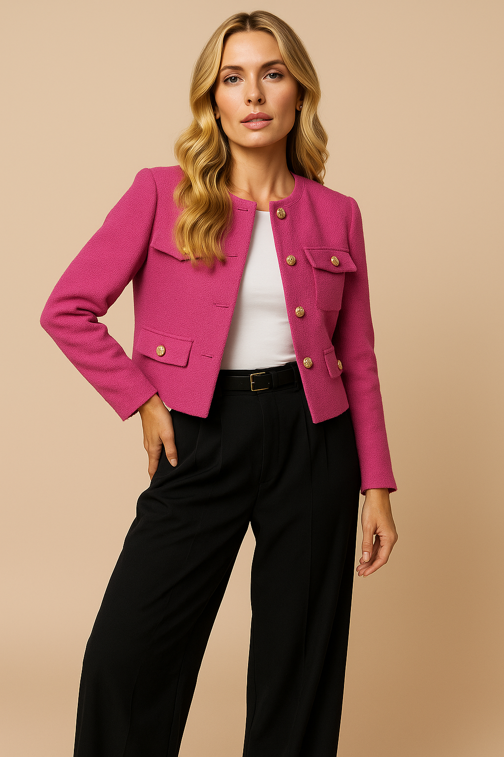 Isla | Cropped Tweed Blazer with Gold Buttons and Flap Pockets - Pink