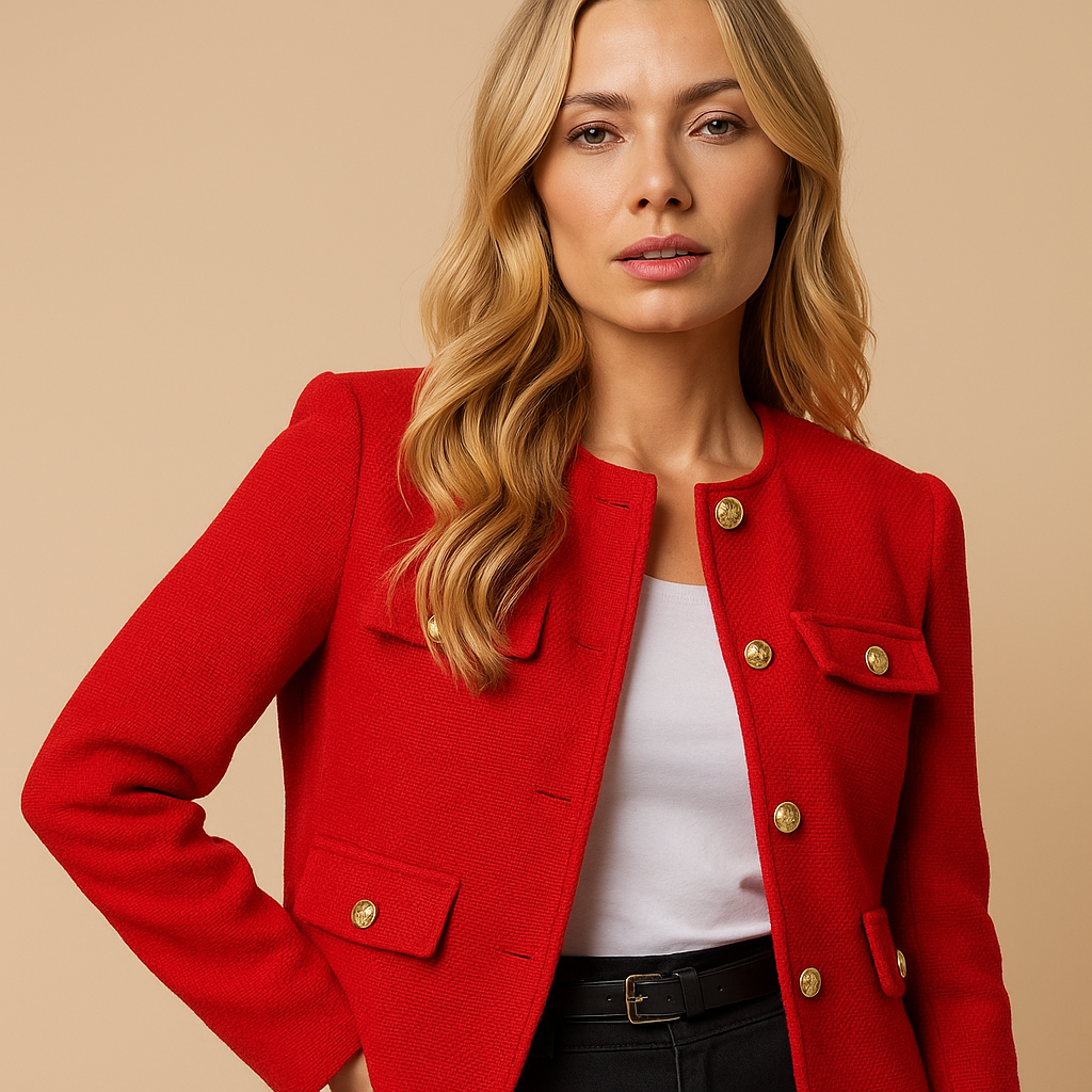 Isla | Cropped Tweed Blazer with Gold Buttons and Flap Pockets - Red detail