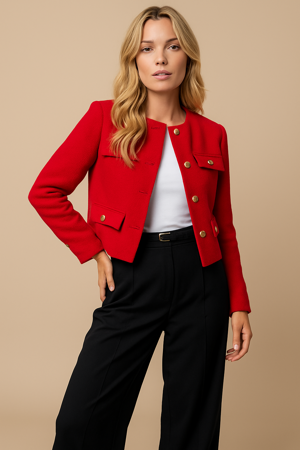 Isla | Cropped Tweed Blazer with Gold Buttons and Flap Pockets - Red
