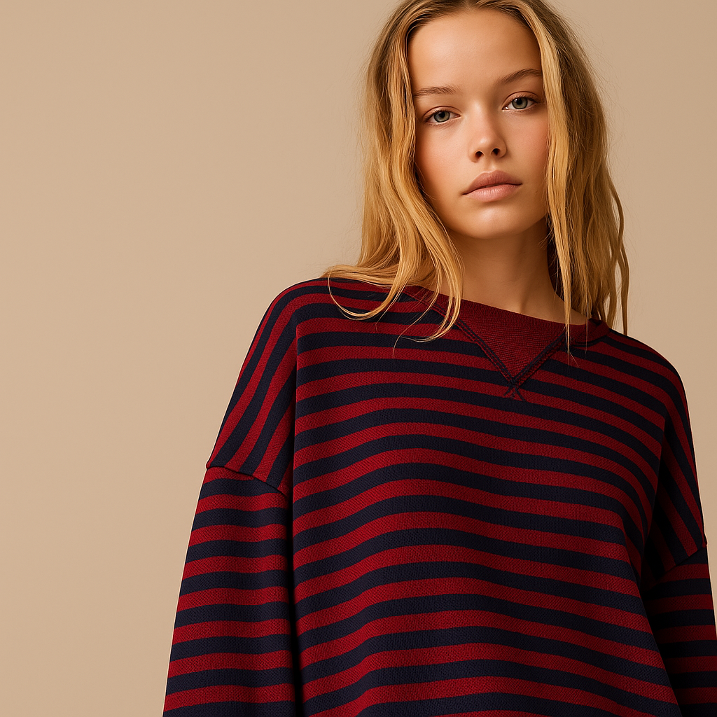 Sofia | Oversized Striped Sweatshirt with Contrast Trim and Drop Shoulders - Black & Red detail