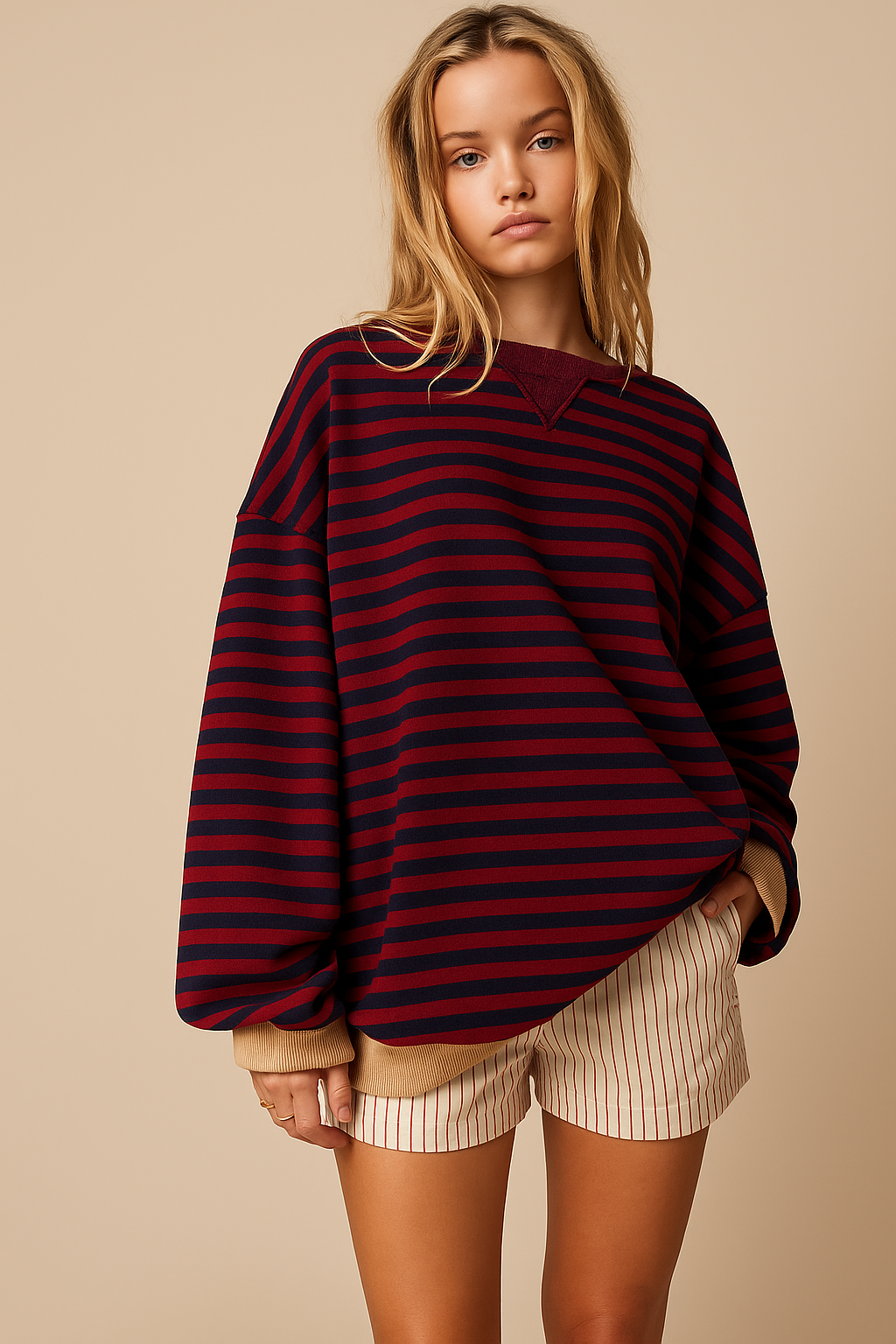 Sofia | Oversized Striped Sweatshirt with Contrast Trim and Drop Shoulders - Black & Red
