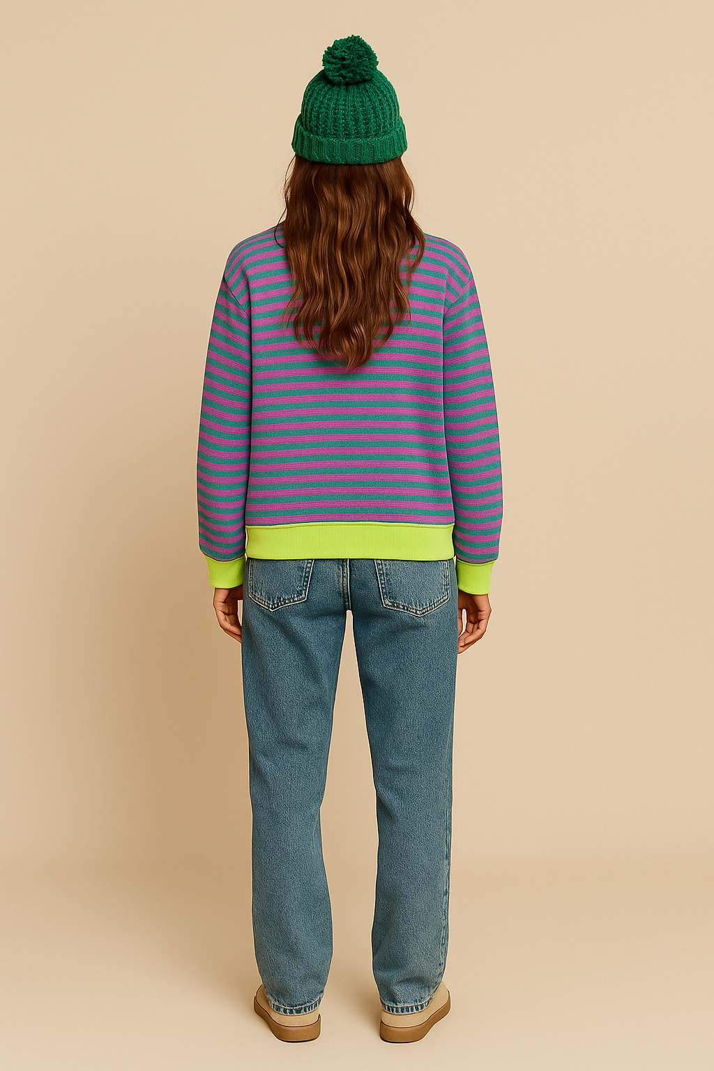 Sofia | Oversized Striped Sweatshirt with Contrast Trim and Drop Shoulders - Green & Pink back