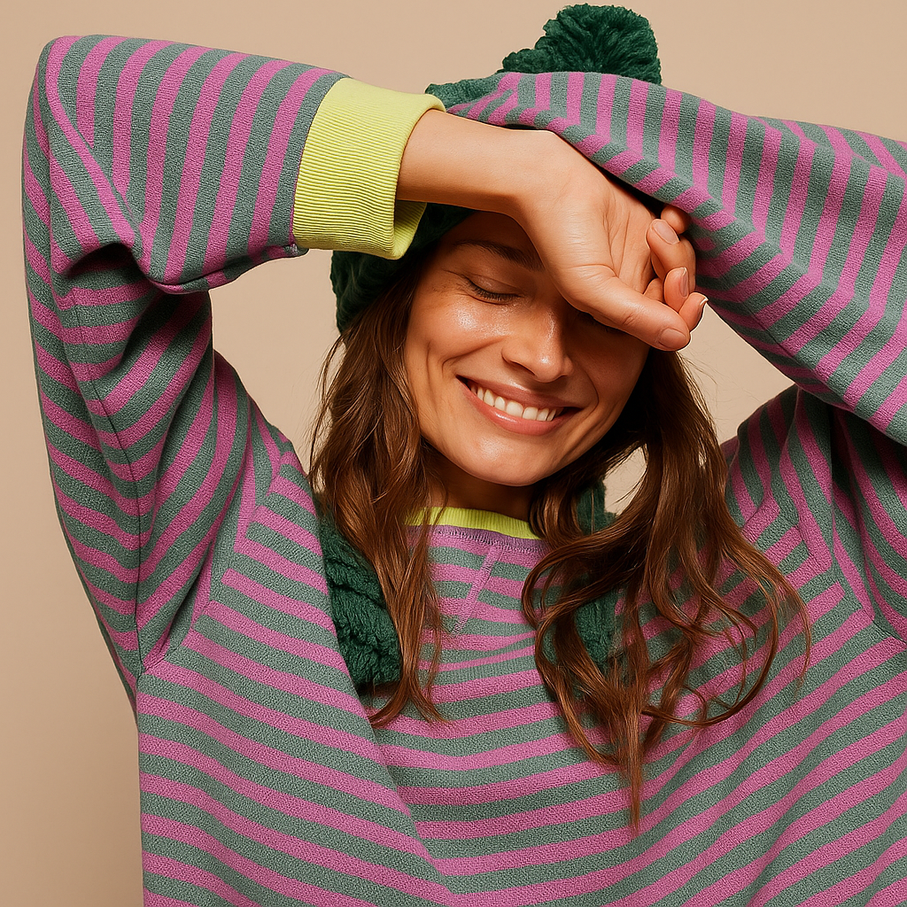 Sofia | Oversized Striped Sweatshirt with Contrast Trim and Drop Shoulders - Green & Pink detail