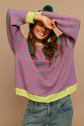Sofia | Oversized Striped Sweatshirt with Contrast Trim and Drop Shoulders - Green & Pink