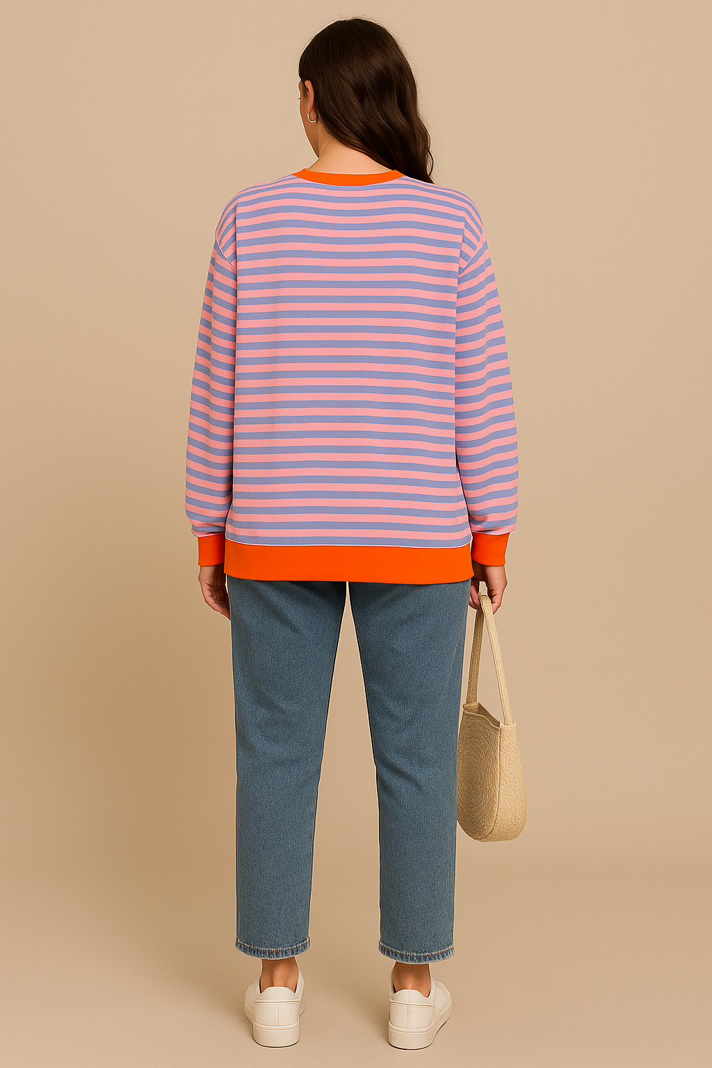 Sofia | Oversized Striped Sweatshirt with Contrast Trim and Drop Shoulders - Orange & Blue back