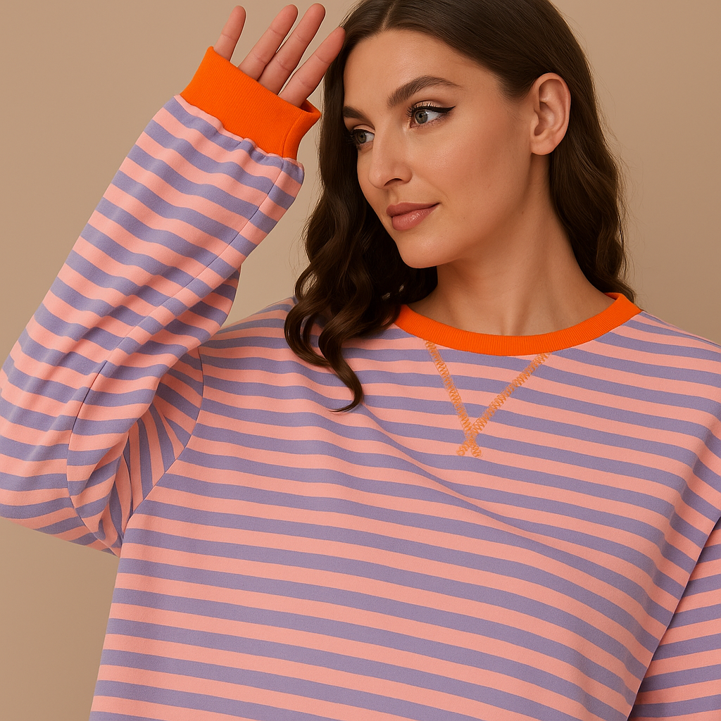 Sofia | Oversized Striped Sweatshirt with Contrast Trim and Drop Shoulders - Orange & Blue detail