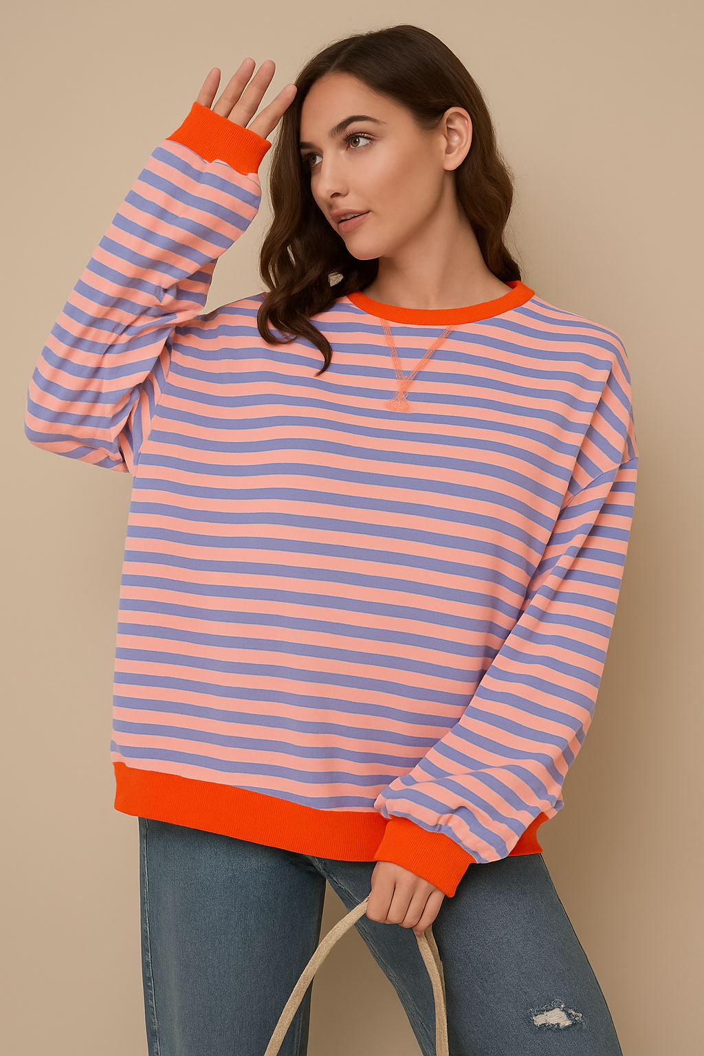 Sofia | Oversized Striped Sweatshirt with Contrast Trim and Drop Shoulders - Orange & Blue