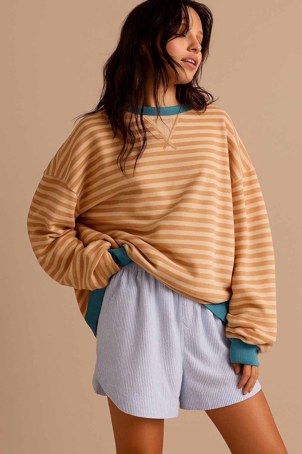 Sofia | Oversized Striped Sweatshirt with Contrast Trim and Drop Shoulders - Orange Stripes