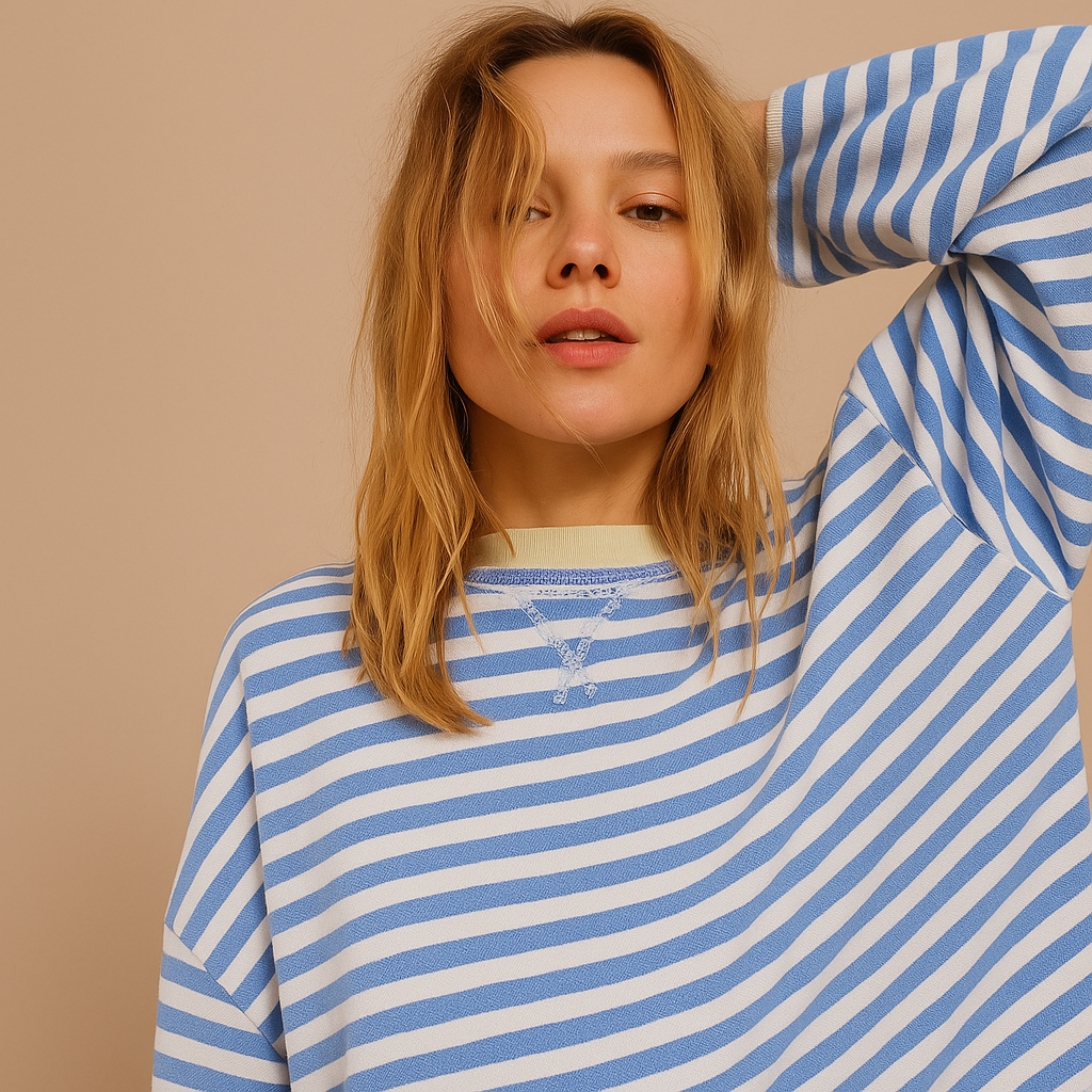 Sofia | Oversized Striped Sweatshirt with Contrast Trim and Drop Shoulders - Sky Blue detail