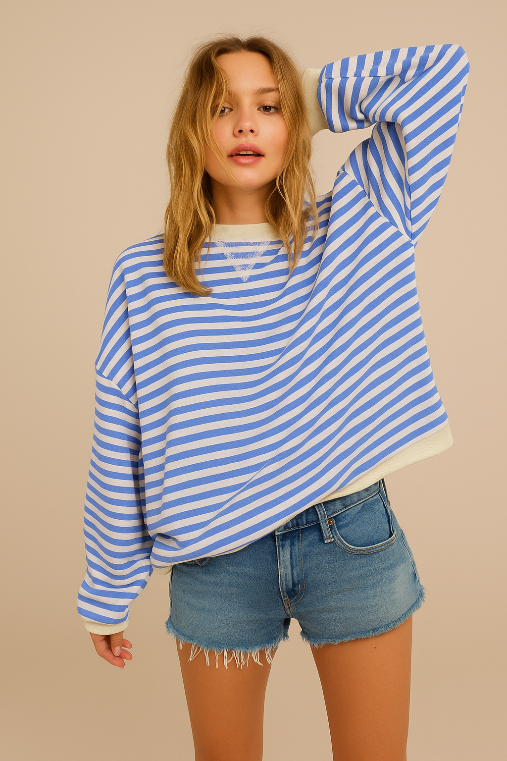 Sofia | Oversized Striped Sweatshirt with Contrast Trim and Drop Shoulders - Sky Blue